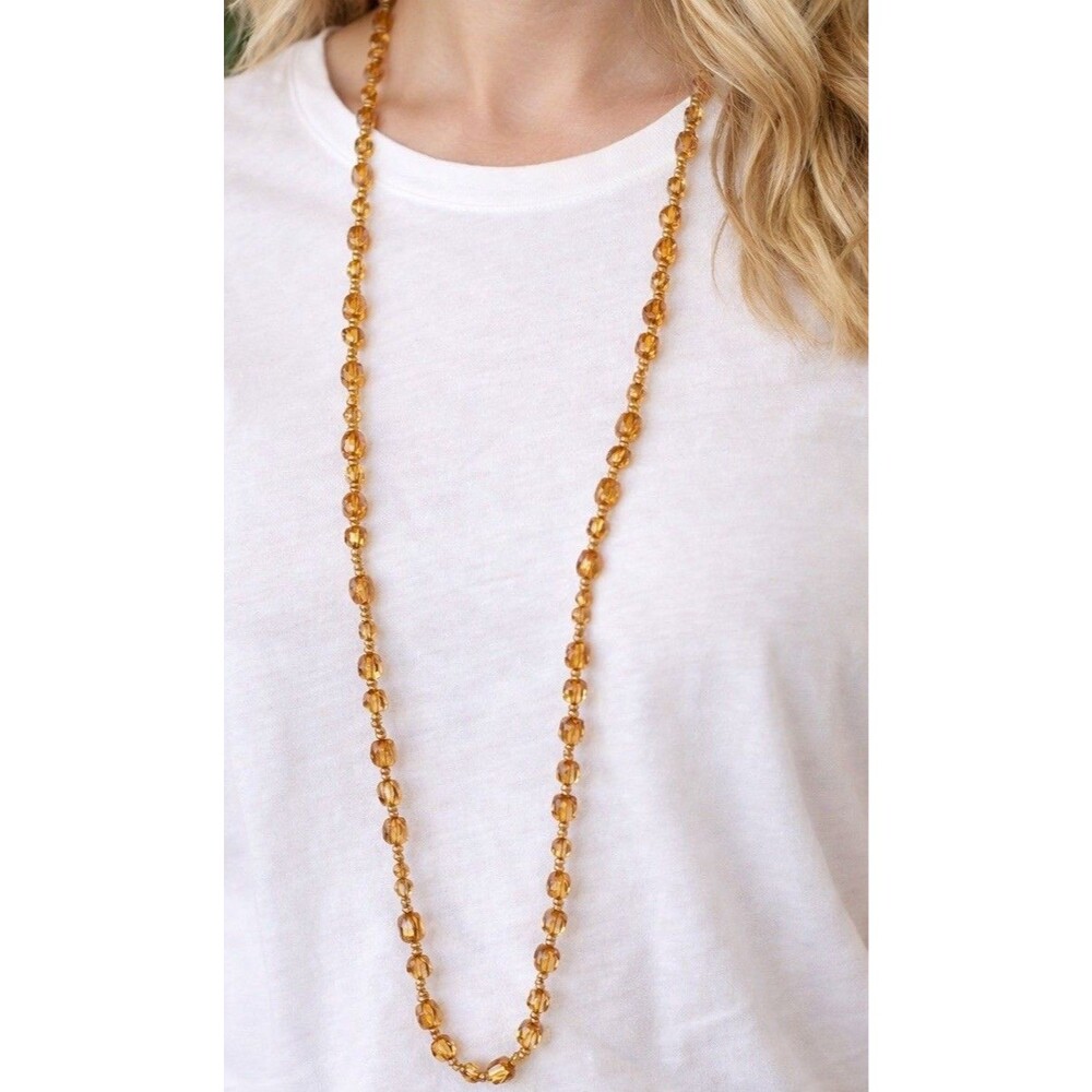 Vintage Opera Length Necklace 38" Amber AB Faceted Glass Beads Single Strand